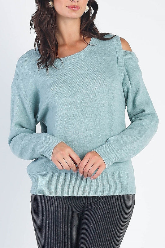 Cutout shoulder round neck sweater (TDG9837)