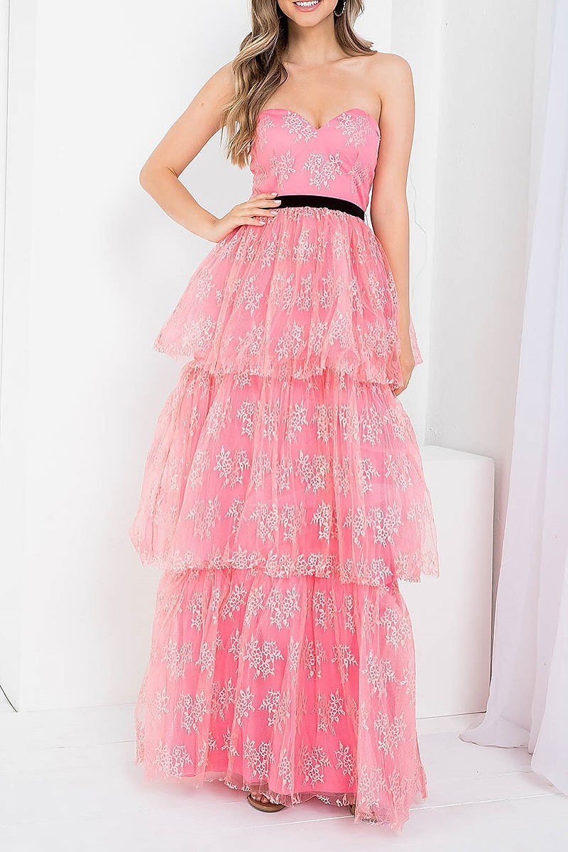 Sweetheart neck tiered layered flroal lace maxi dress (DED7391)