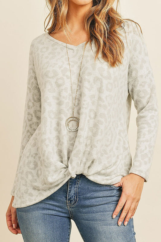 Leopard brushed long sleeve v neck knot top (ED8072-1)