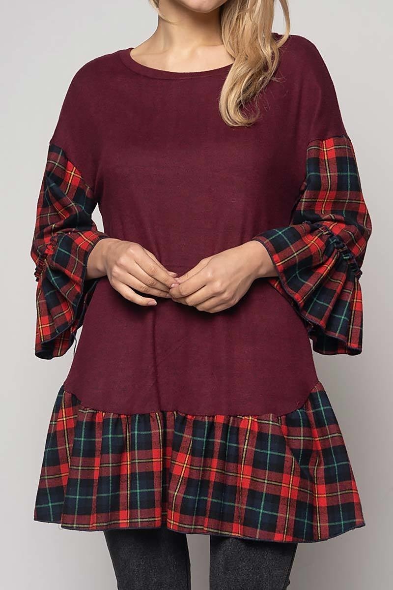 3/4 plaid print contrast ruffle sleeves and hem hacci knit plus size tunic top (DGC3286-1)