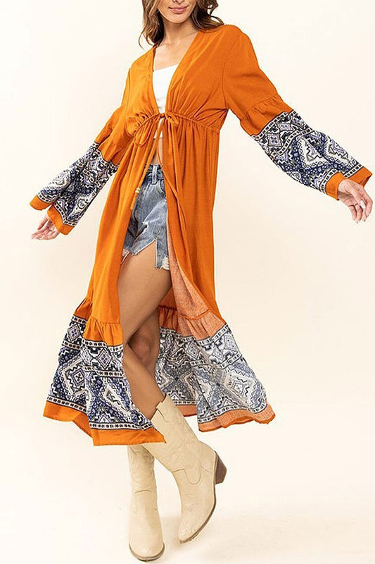 Long sleeve open front multi print kimono (EFWT9635)