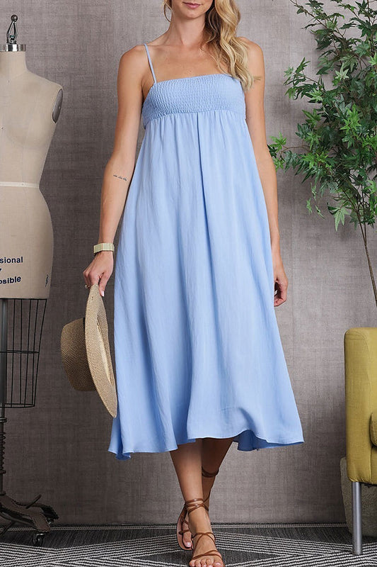 Spaghetti strap bodice linen maxi dress (EDSW3296)