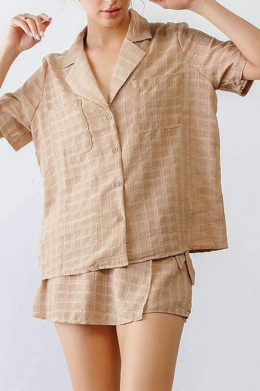 Button up pocket detail plaid top and skort set (TED1765)