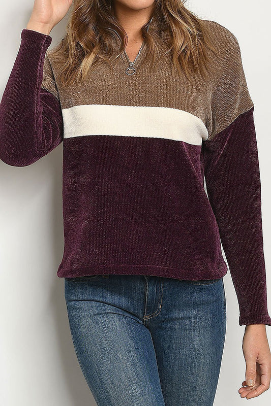 Zipper neck color block chenille sweater (DGS4633)