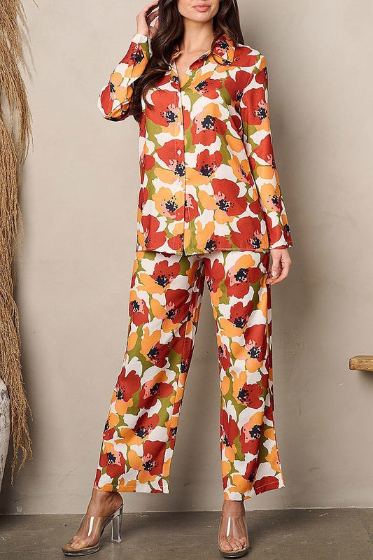 Long sleeve button up top & pants floral set (EFWT1865)