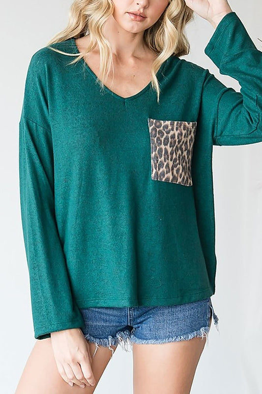 Leopard pocket v neck top (EF4956)