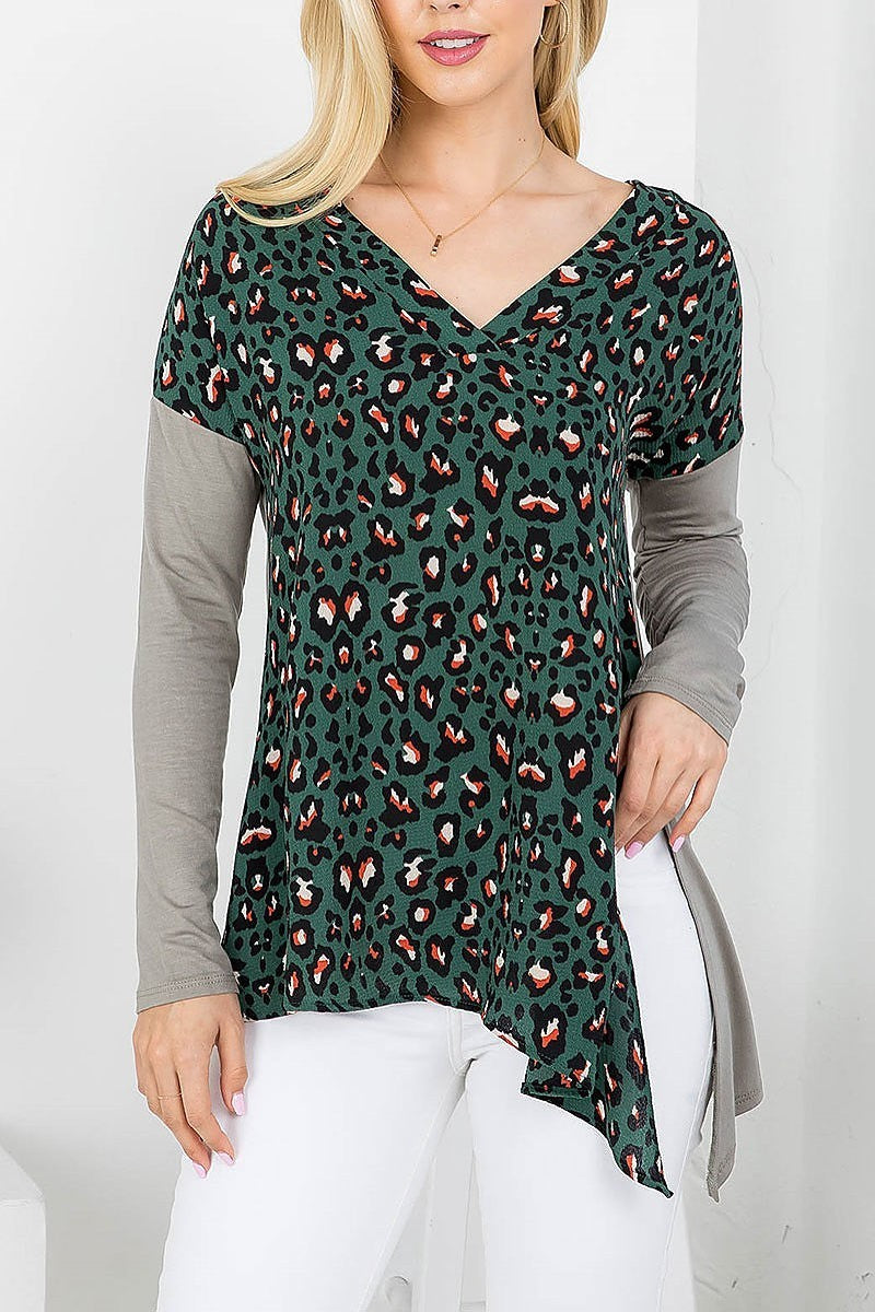 Animal print v neck color block top (EF4150)