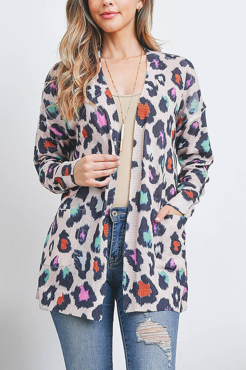 Animal print pocket detail sweater cardigan (DGS5417)