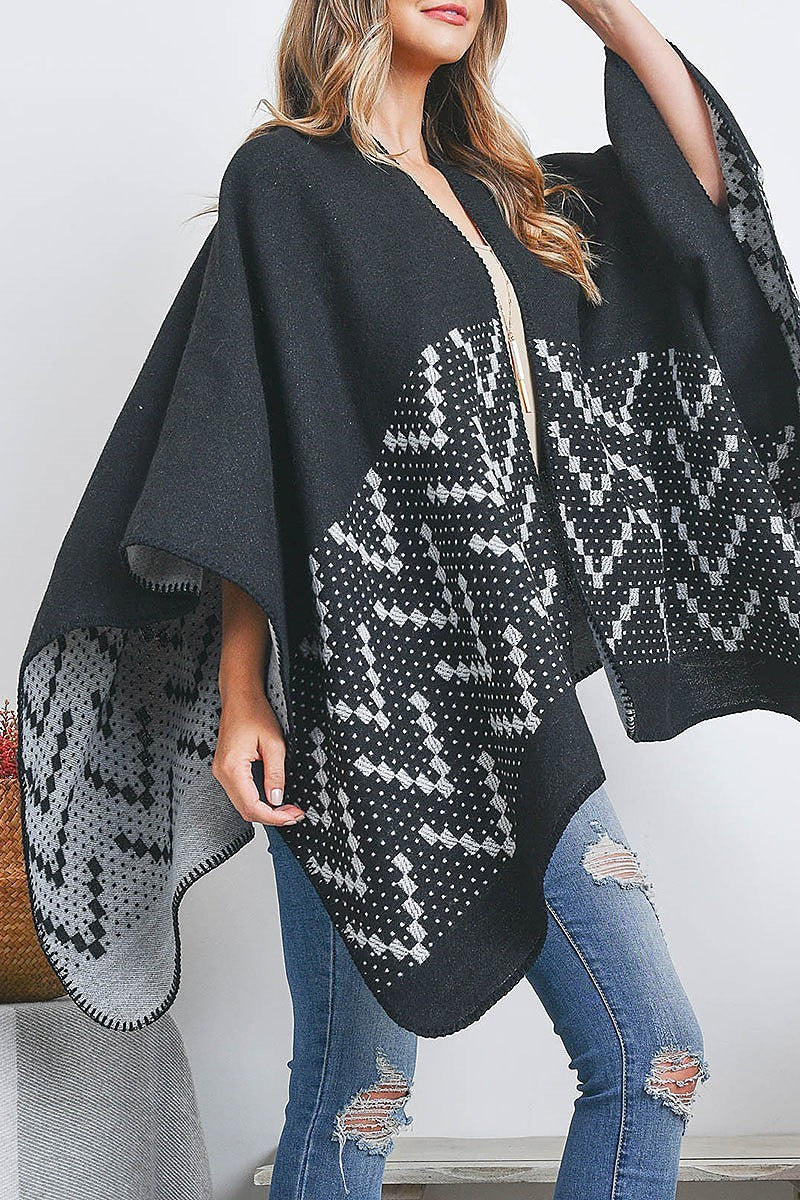 Open front square pattern ruana wrap kimono (DGS5502)