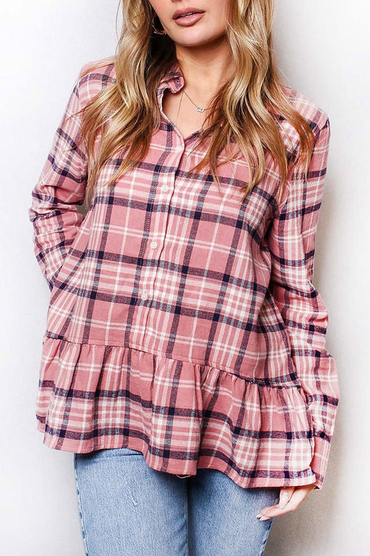 Ruffle hem button front plaid top (SDG2997)