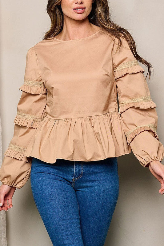 Long ruffle sleeve peplum blouse top (EFWT4482)