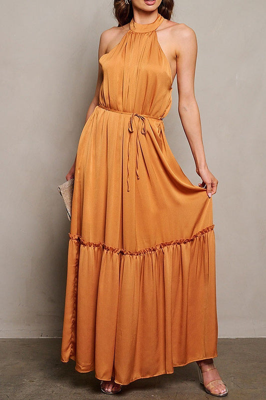 Sleeveless halter neck open back tiered maxi dress (EGWT1496)