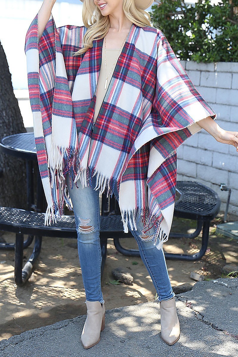 Plaid knit fringe open front kimono (DGS6070)