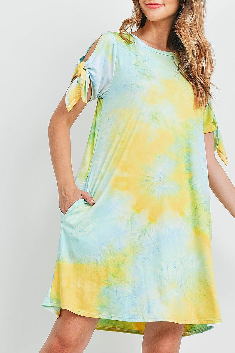 Tie sleeve round neck tie dye dress with inseam pocket (DED6587)