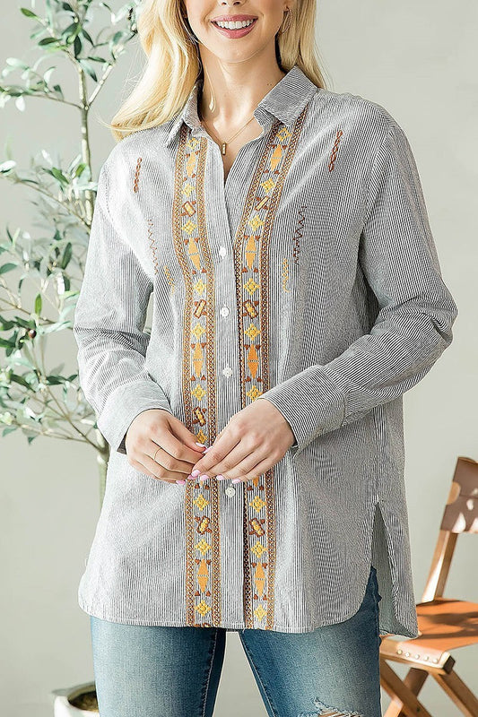 Collared embroidered button front top (EF3961)