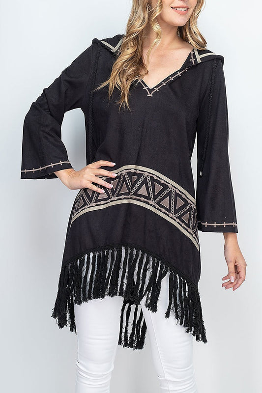 Embroidery and fringe detail suede hoodie top (EF1311)