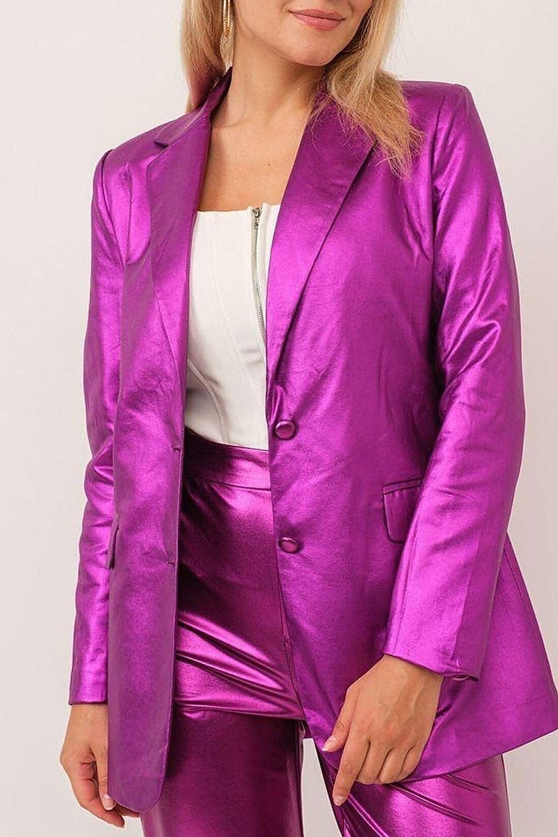 Long sleeve button closure pu metallic blazer (EFWT9686)