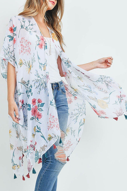 Floral print open front tassel kimono (EF1113)