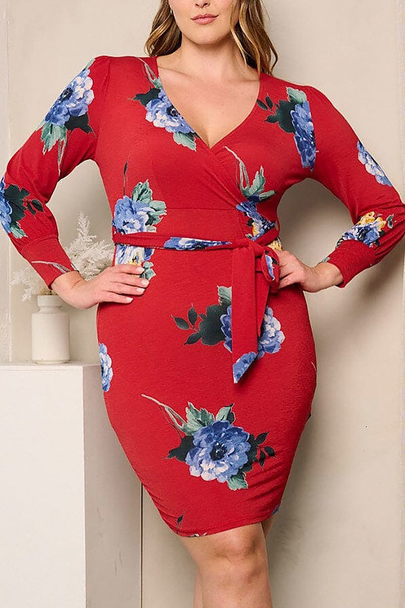 Long sleeve surplice bodycon floral mini dress (EFWT4043)