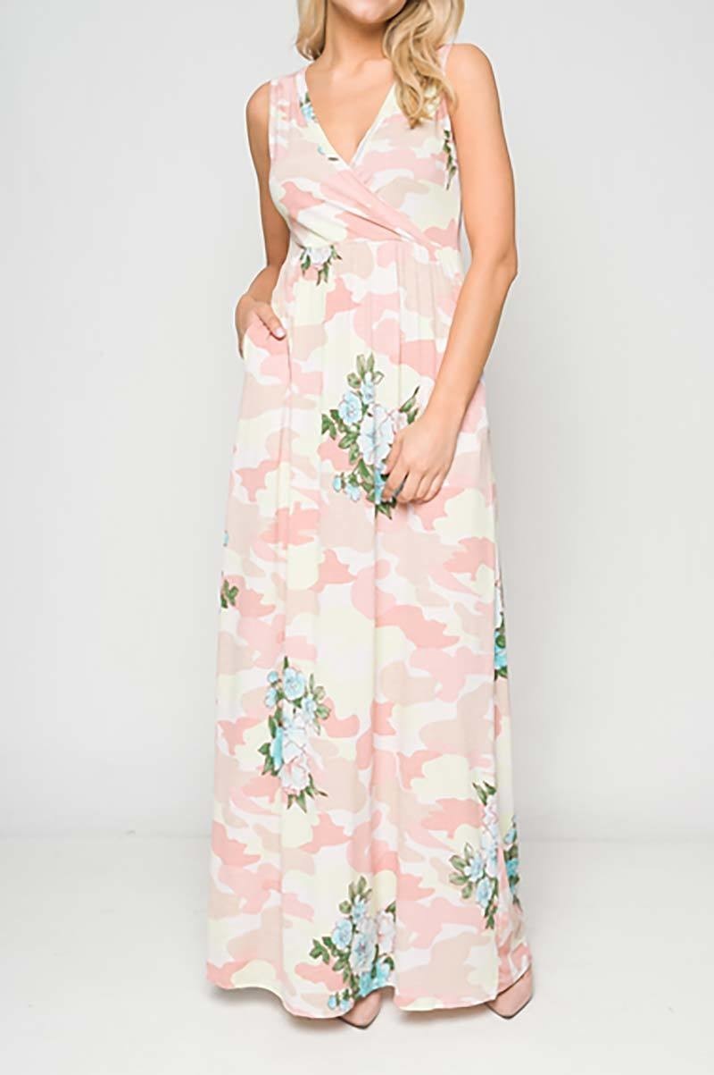 Army floral print sleeveless wrap v-neckline elastic waist maxi dress (DGC4880-LAST)