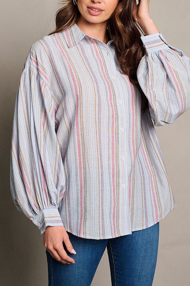 Long sleeve stripes button up blouse top (EGWT2049)