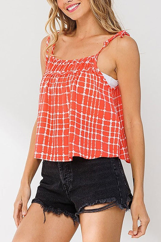 Plaid tie strap shirring babydoll top (EDSW4477)