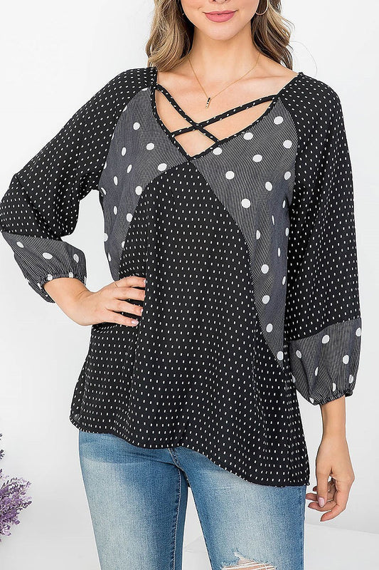 Mix polka dot print crisscrossed neck loose fit top (EF4222)