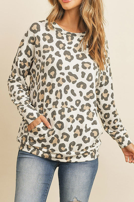 Kangaroo pocket long sleeve leopard top (ED8124)