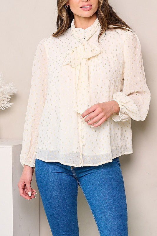 Long sleeve neck tie shimmer detailed blouse top (EFWT3793)