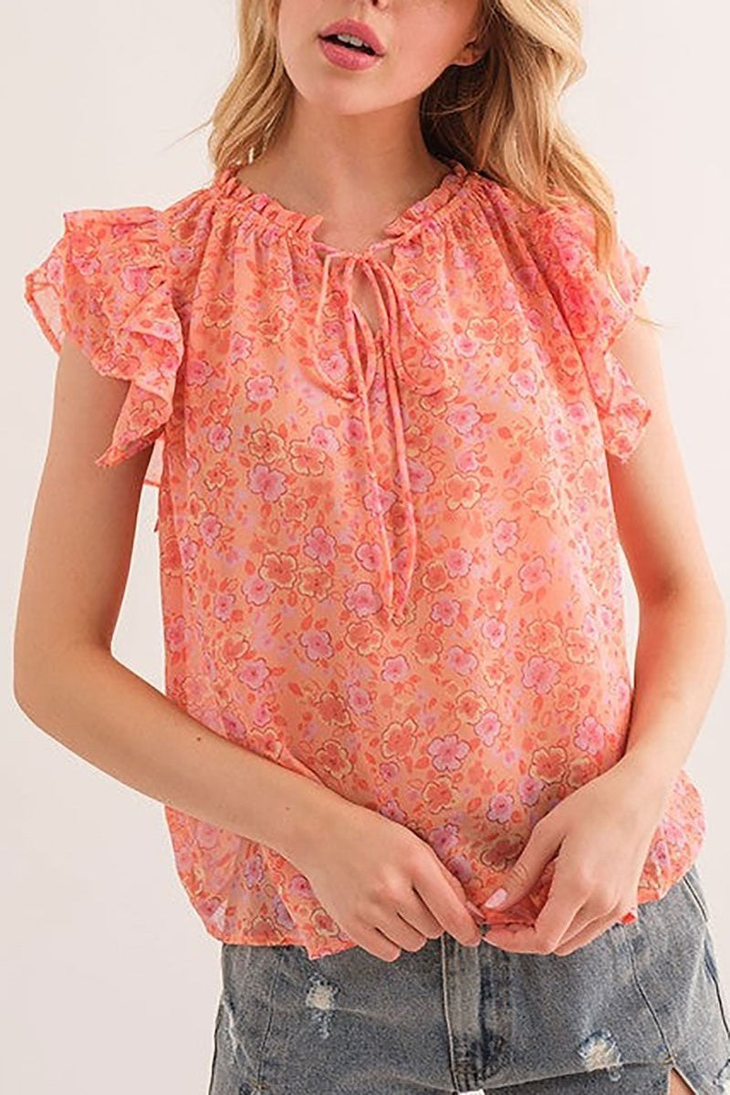 Floral print see-through ruffle sleeves blouse top (EDSW4474)