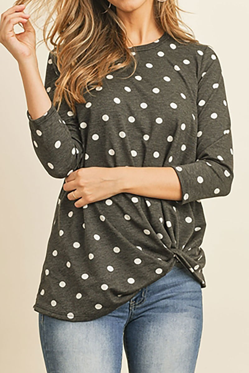 Round neck twist hem polka dot print top (ED7982-LAST)