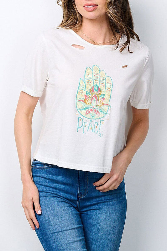 Short sleeve graphic distressed top (EFWT7185)