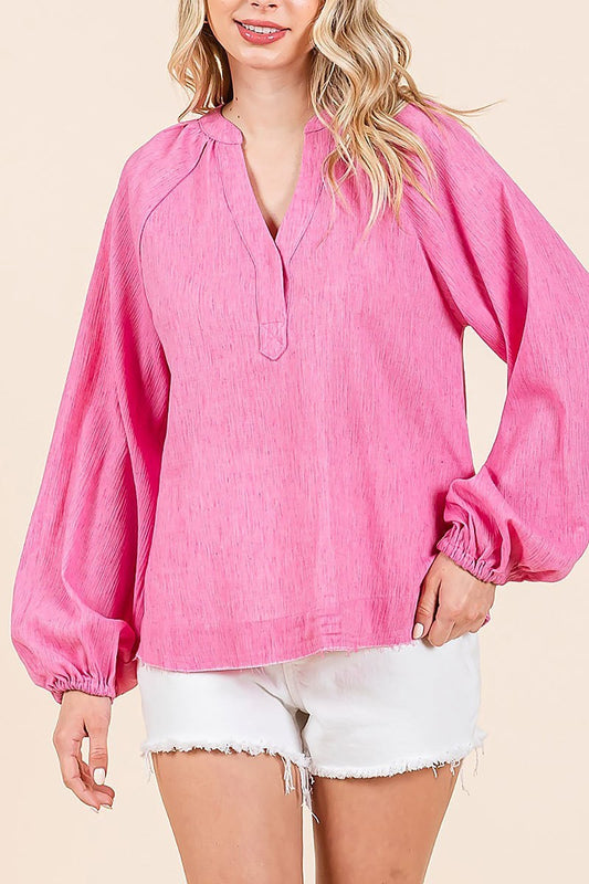 Solid long sleeve woven gauze v-neck blouse (EDH2224)