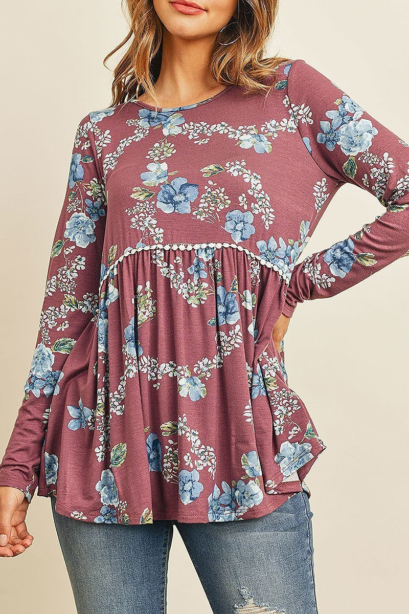 Long sleeved floral cinch waist lace detail swing top (ED8324)