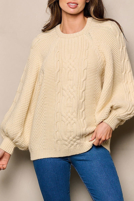 Long ballon sleeve knit detailed sweater (EFWT4431)