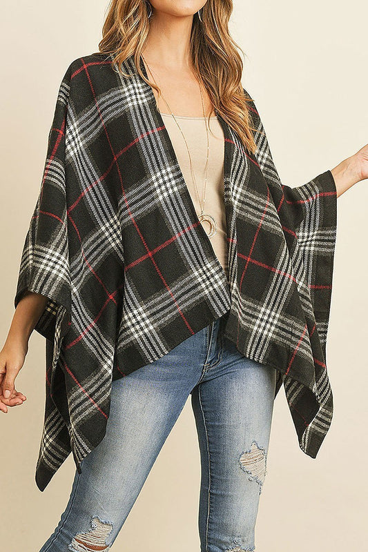 Open drape plaid kimono poncho (DGS4885-1)