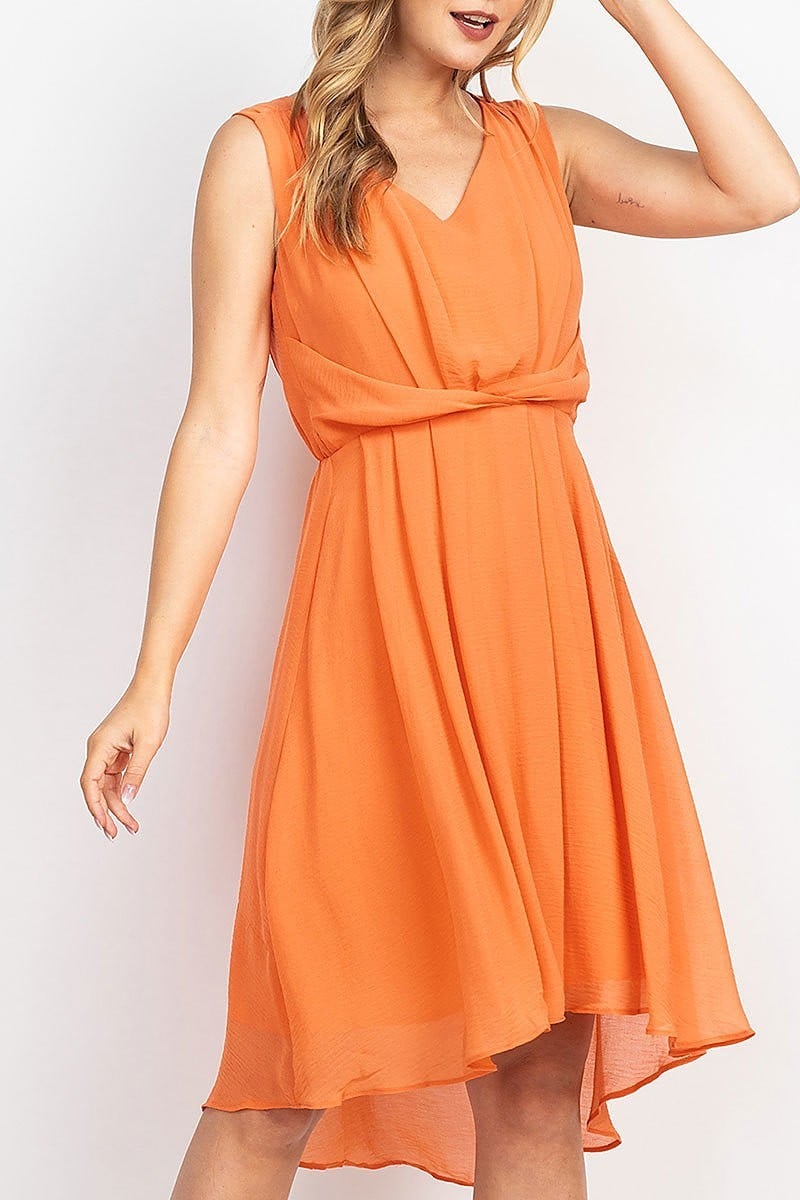 V neck twist waist flared hi lo dress (DED6849)