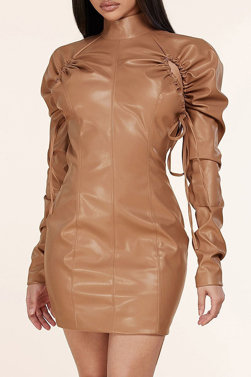 Side ruched pu pleather mini dress (EDWT8129)