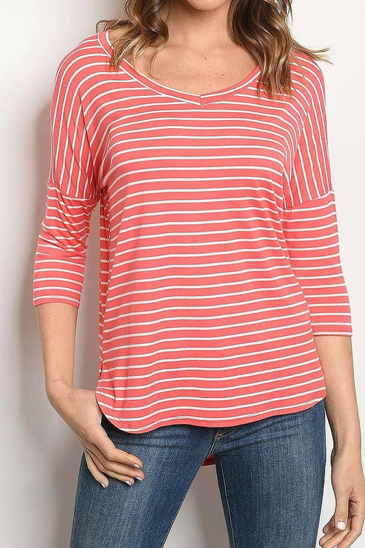 V neck loose fit stripe top (ED6379-LAST)