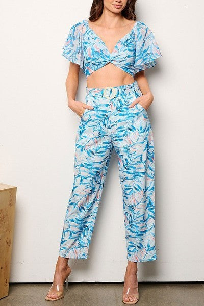 Crop top & belted pockets pants leag print set (EFWT9235)