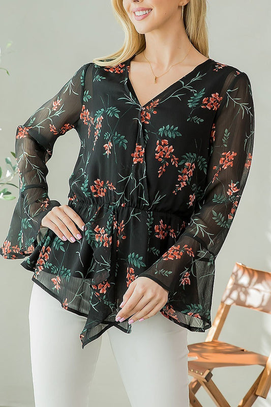 Sheer bell sleeve flroal print top (EF3939)