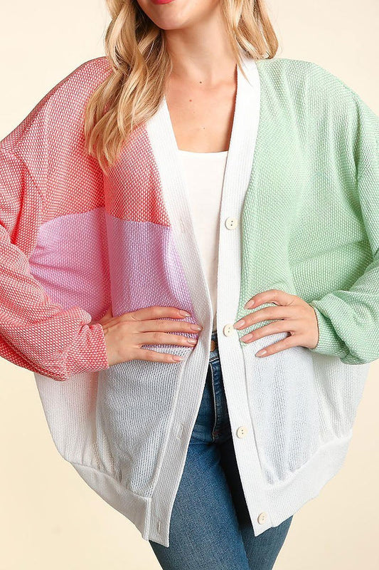 Color block oversized button down cardigan (ETBM4420)