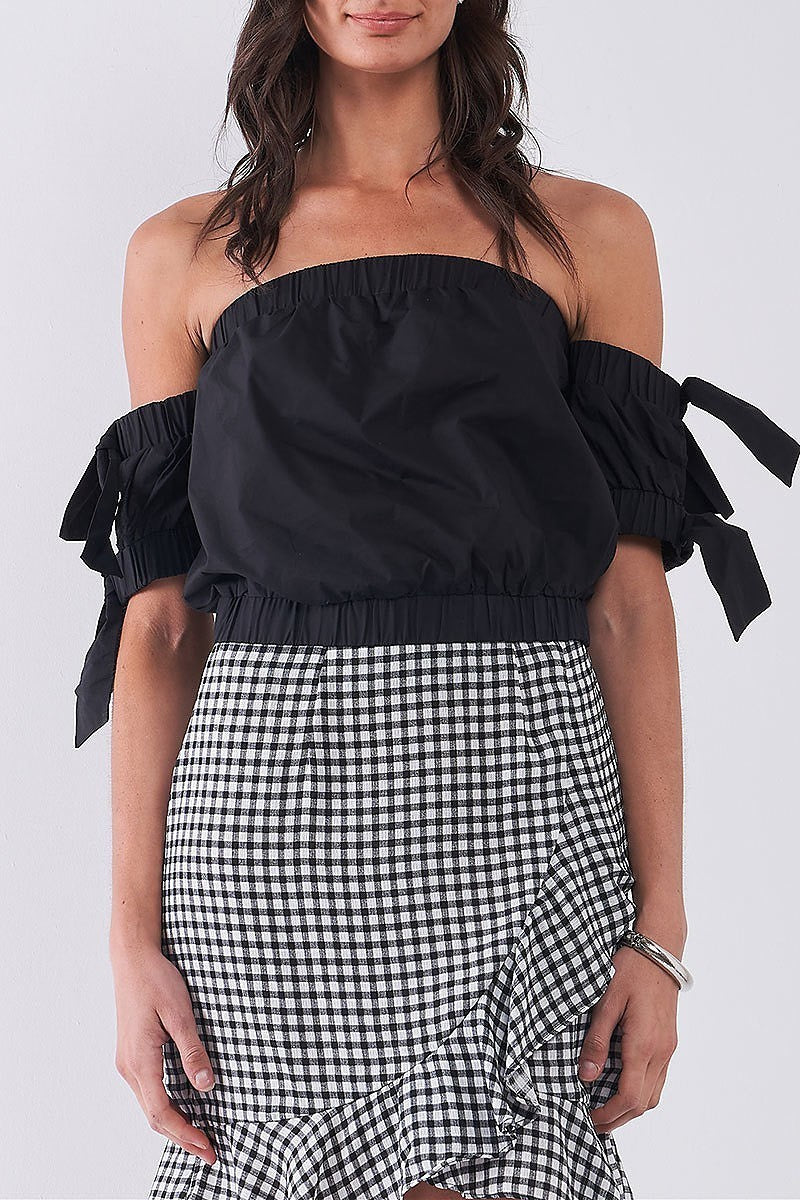 Off shoulder self tie puff sleeve crop top (TDG8388)