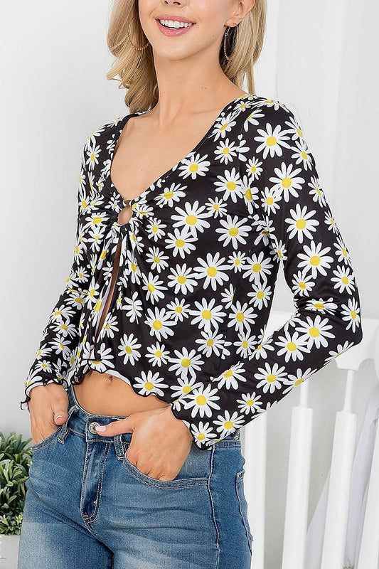 Floral print front tie long sleeve top (EF3427)