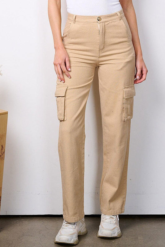 Button closure high waist cargo pockets pants (EFWT7531)