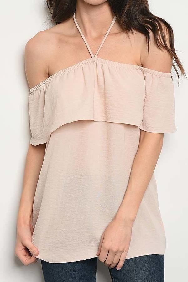 Off shoulder halter neck ruffle detail top (DG5814-1)