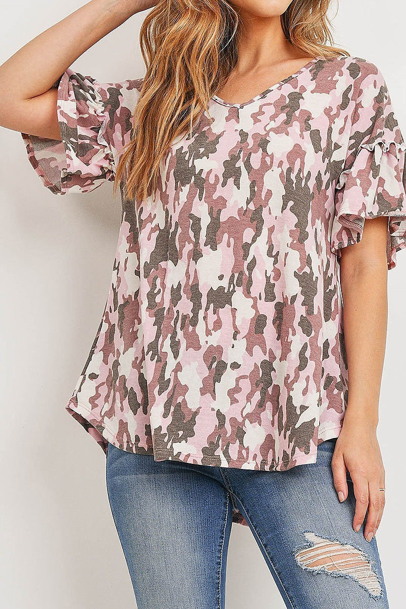 Camo print ruffle sleeve top (ED8929)