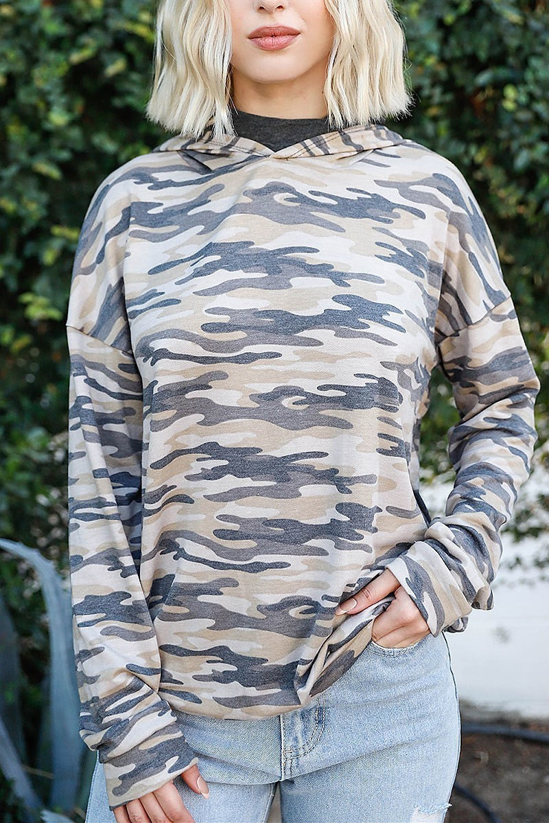 Mask neck detail camo hoodie sweater top (TDG9169)