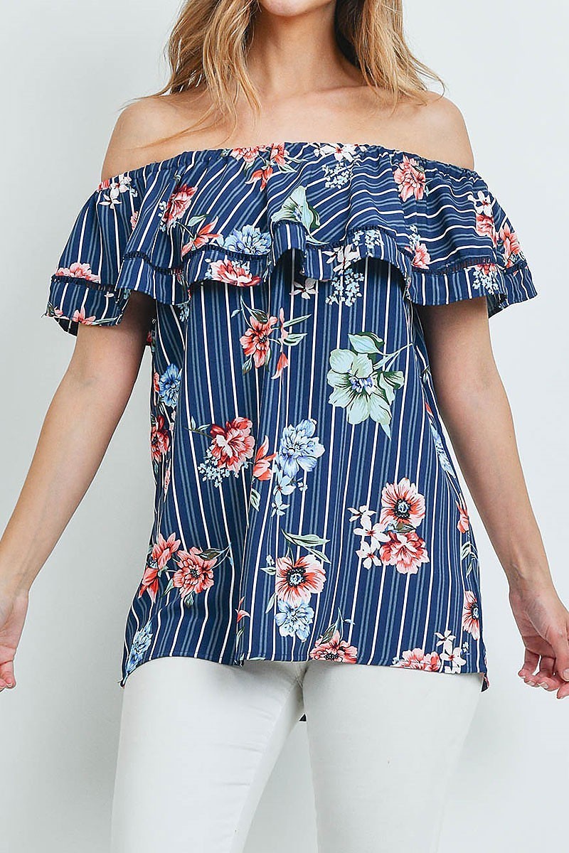 Off shoulder ruffle detail floral stripe top (ED8987-O3)