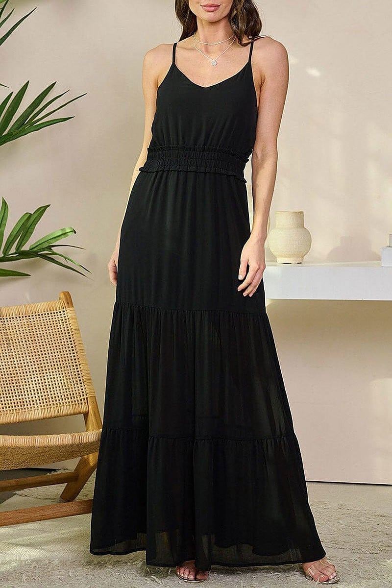 Sleeveless v-neck smock waist tiered maxi dress (EFWT6444)